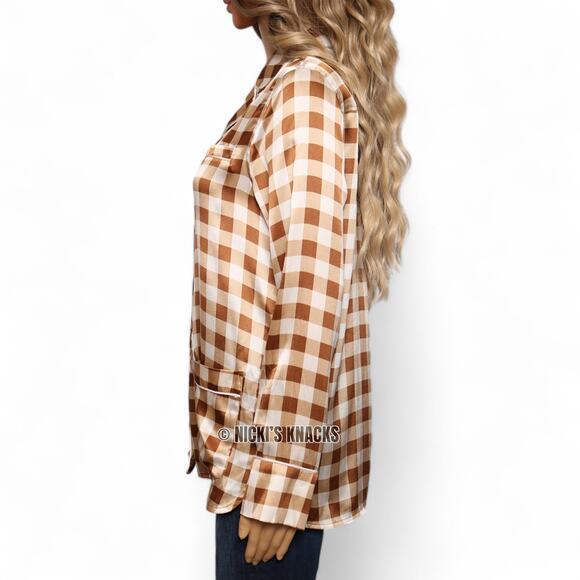 Ganni Brown & Cream Silk Check Shirt Button Down Plaid Oversized Size 32 XXS - Picture 4 of 12